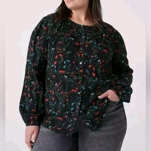 Lane Bryant Dark Floral Peasant Blouse 22 Black Botanical Ruffle Whimsigoth Top